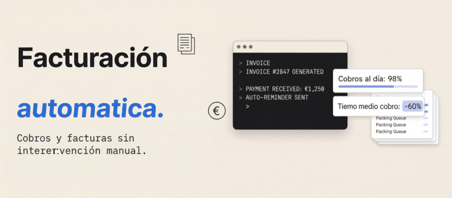 Diagrama de automatizacion de facturacion mostrando el flujo desde pedido hasta cobro con integraciones automaticas entre ERP, pasarela de pago y contabilidad
