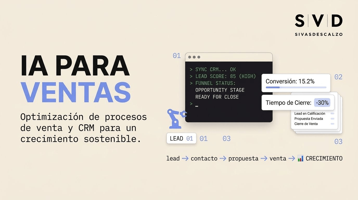 Diagrama de automatizacion de ventas con IA mostrando un embudo comercial con lead scoring predictivo, cualificacion automatica y CRM con inteligencia artificial