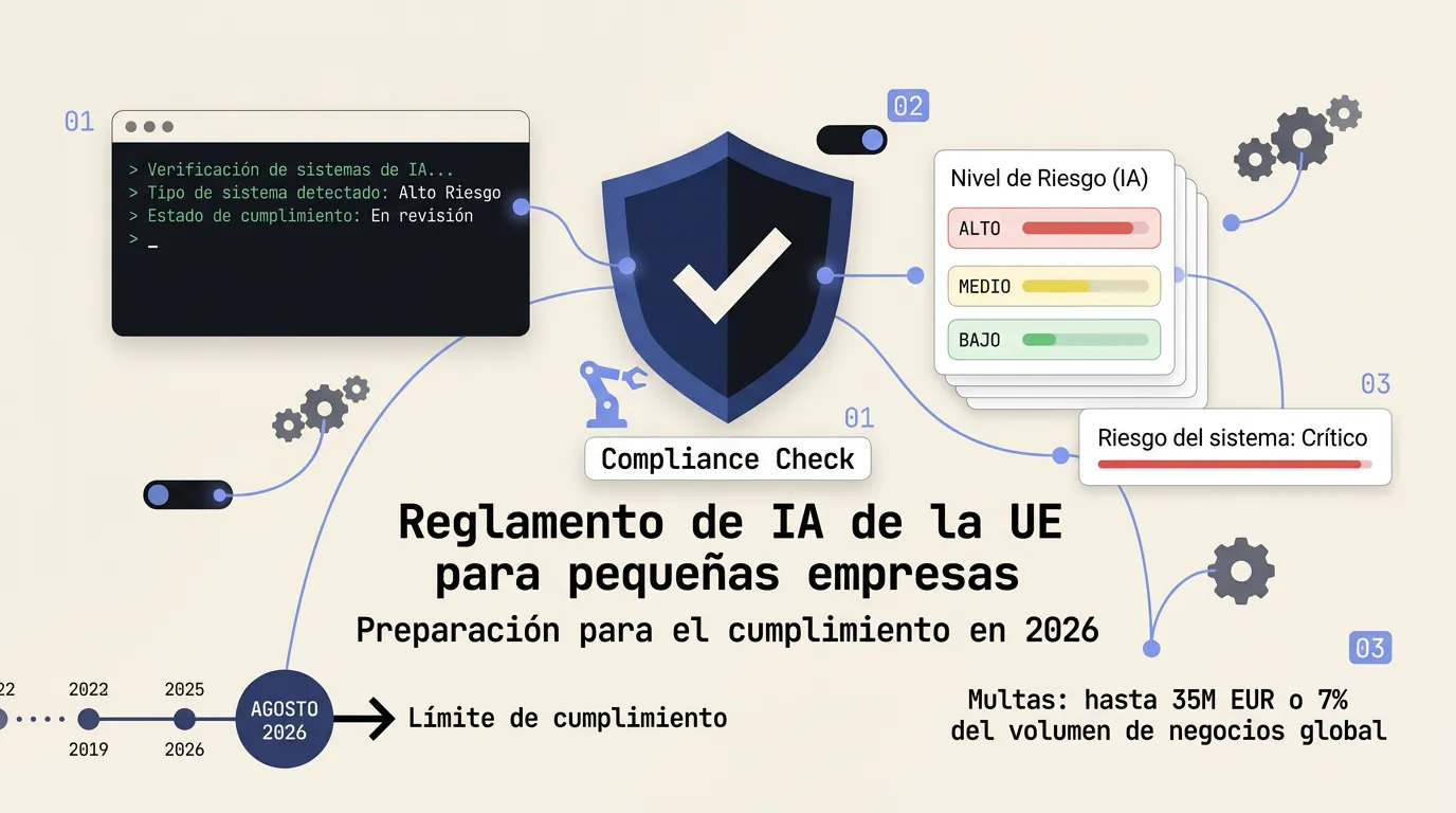 Diagrama de compliance de la Ley de IA europea mostrando niveles de riesgo, plazos y multas para PYMEs