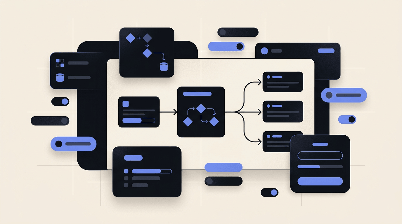 Diagrama visual de plataformas low code y no code mostrando interfaces drag-and-drop, conectores entre aplicaciones y flujos de automatizacion empresarial