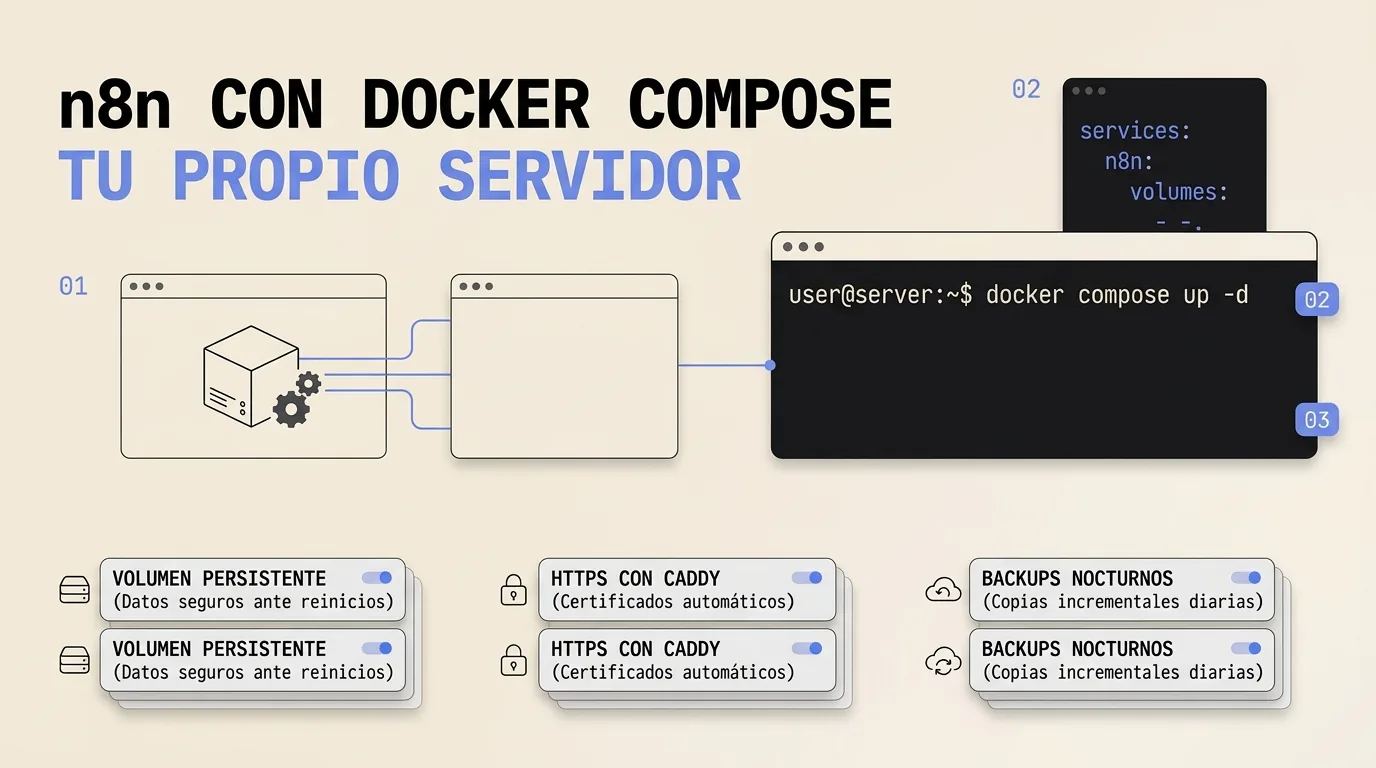 Esquema de instalación de n8n con Docker Compose: terminal con docker compose up, volumen persistente, reverse proxy HTTPS y backups