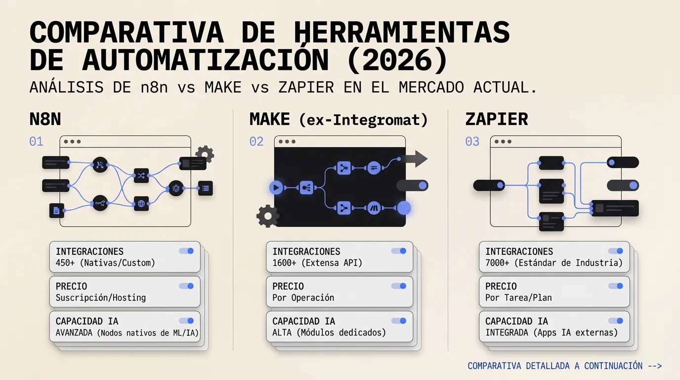 Comparativa visual de n8n, Make y Zapier mostrando integraciones, precios y capacidades de IA en 2026