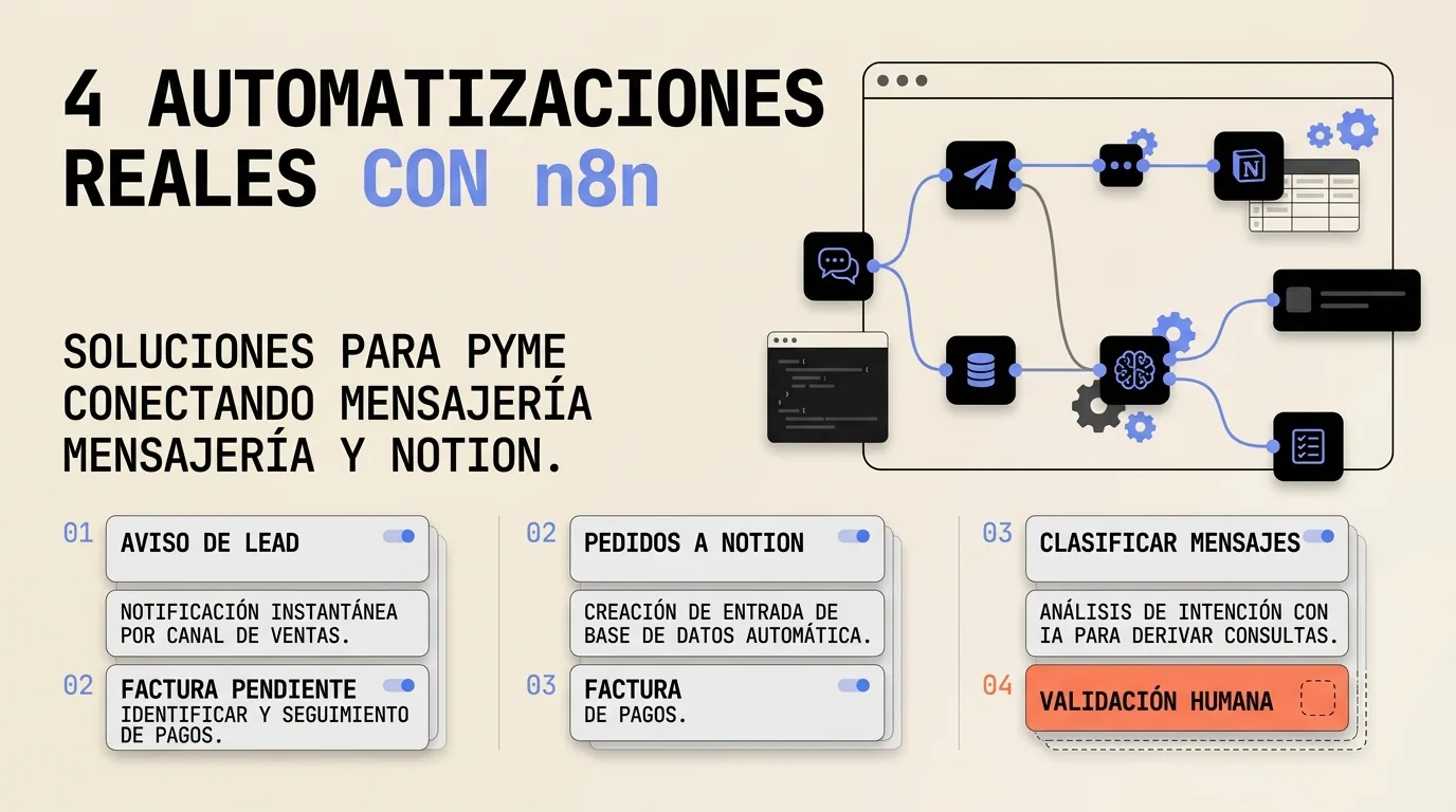 Cuatro flujos de n8n conectando WhatsApp, Telegram, Notion y Odoo, con tarjetas de nodos encadenados sobre fondo beige