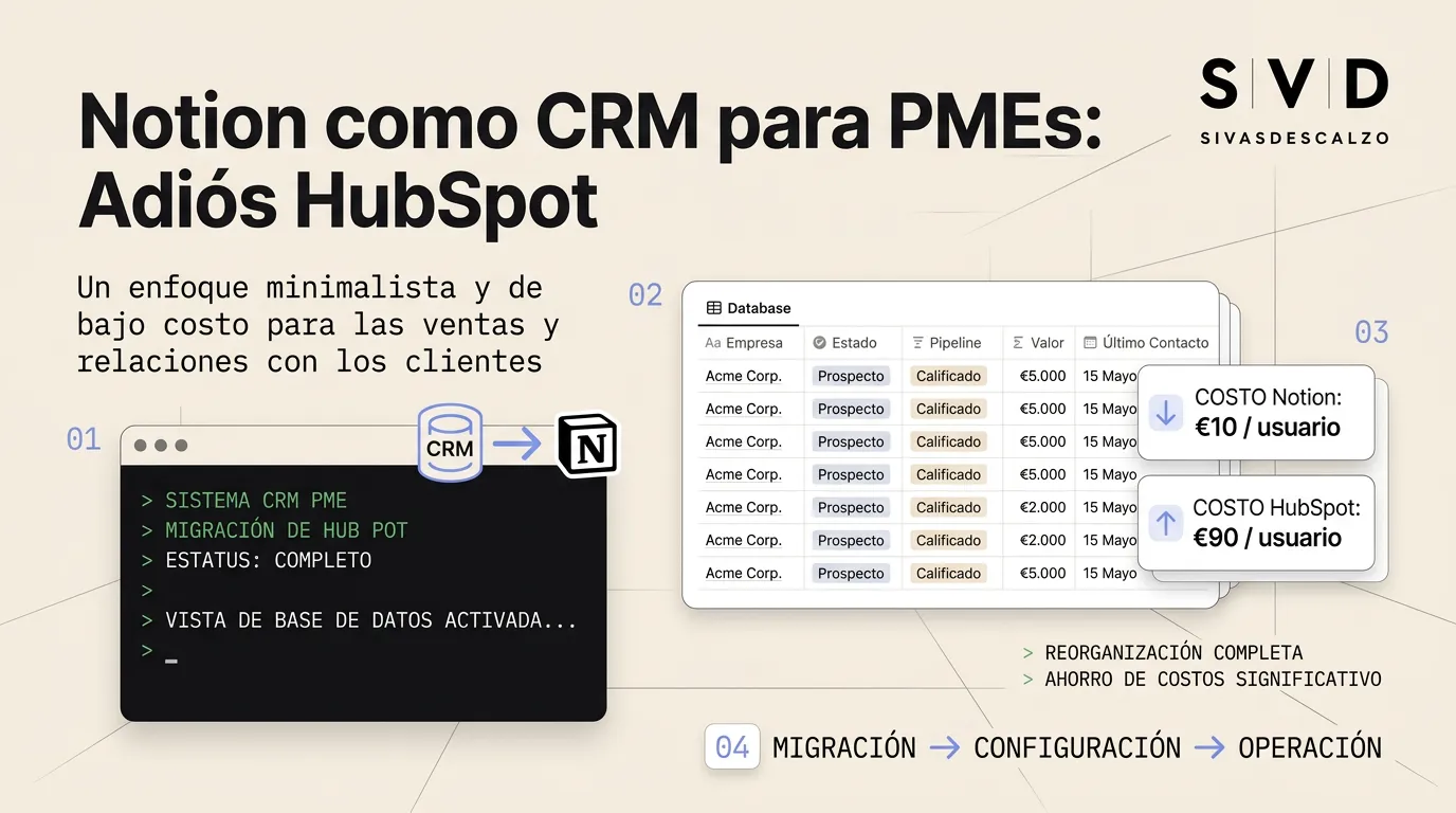 Comparativa visual de Notion como CRM frente a HubSpot mostrando costes y vista de base de datos