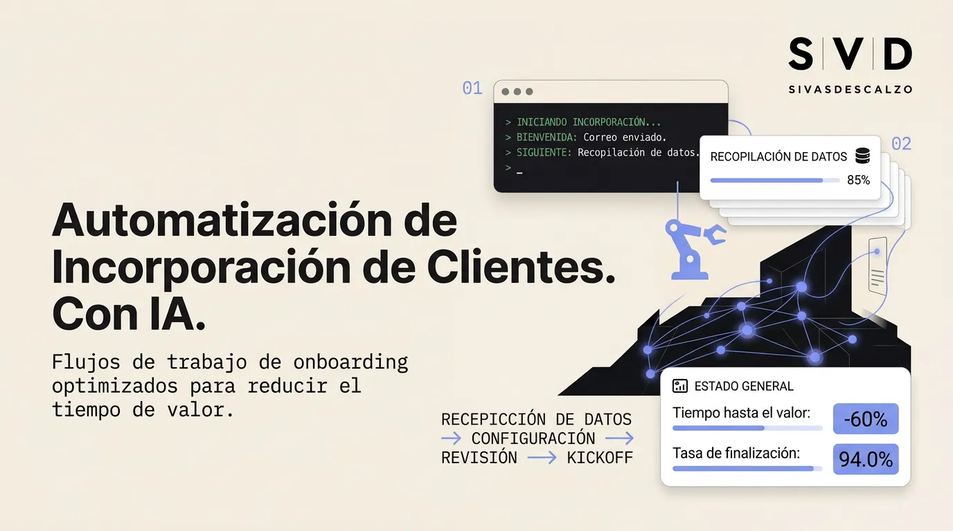 Diagrama de flujo de onboarding automatizado con IA mostrando las fases de recepción de datos, configuración, revisión y kickoff