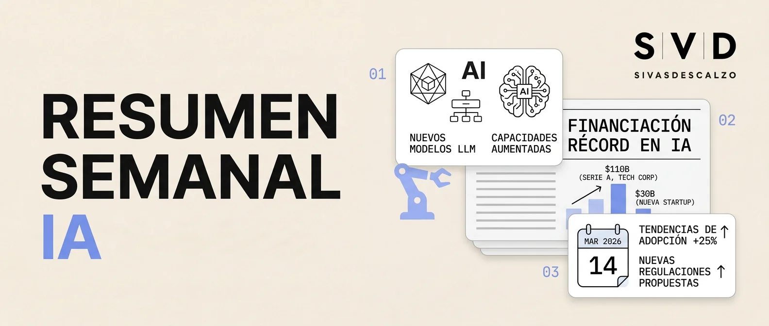 Resumen semanal de inteligencia artificial marzo 2026 con iconos de noticias, gráficos y logos de empresas de IA