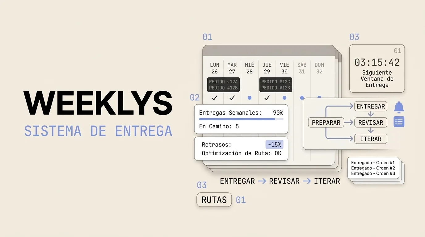 Diagrama de un sistema de weeklys mostrando el ciclo semanal de entrega de valor con artefactos tangibles, decisiones y feedback en el contexto de un backend organizacional