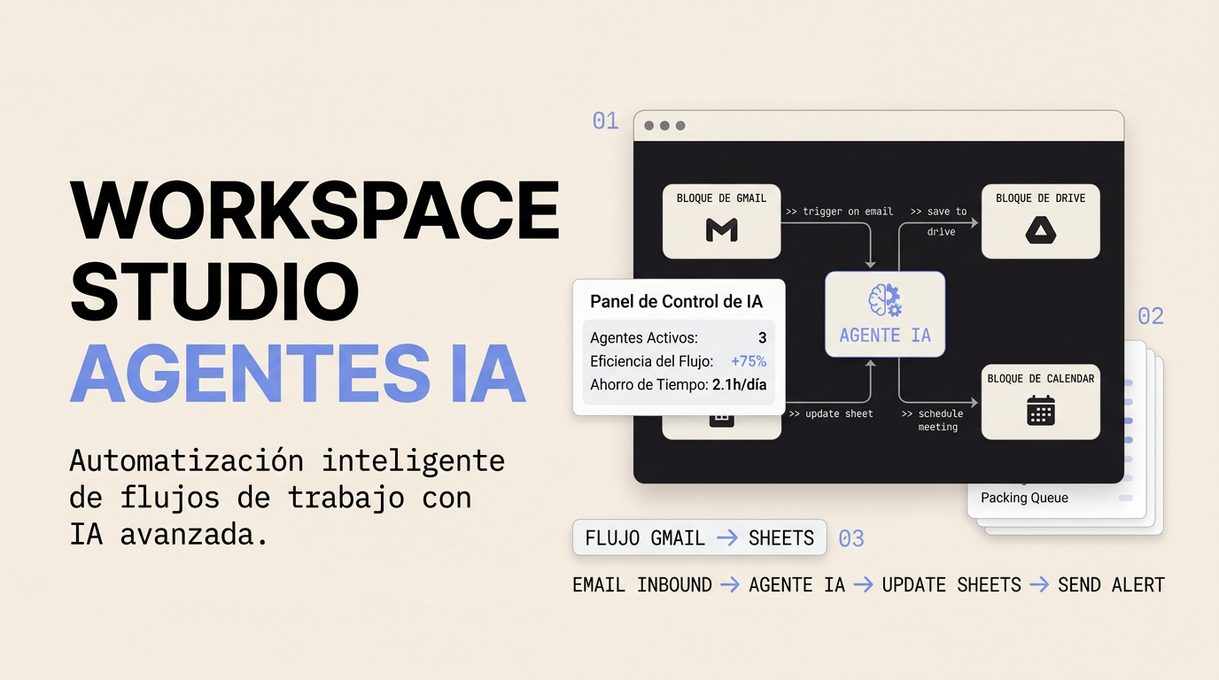 Diagrama de Google Workspace Studio mostrando agentes IA conectados a Gmail, Drive, Sheets y Calendar con interfaz drag-and-drop
